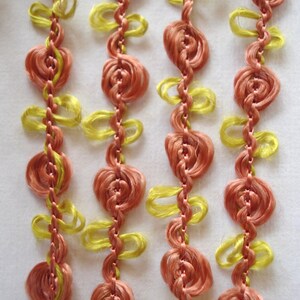 1y Vintage French Yellow Coral Pink Rosette Rococo Rayon Floss Picot Ribbon Doll Trim Scrapbook Boudoir Paper Craft Crazy Quilt Hat Dress image 2