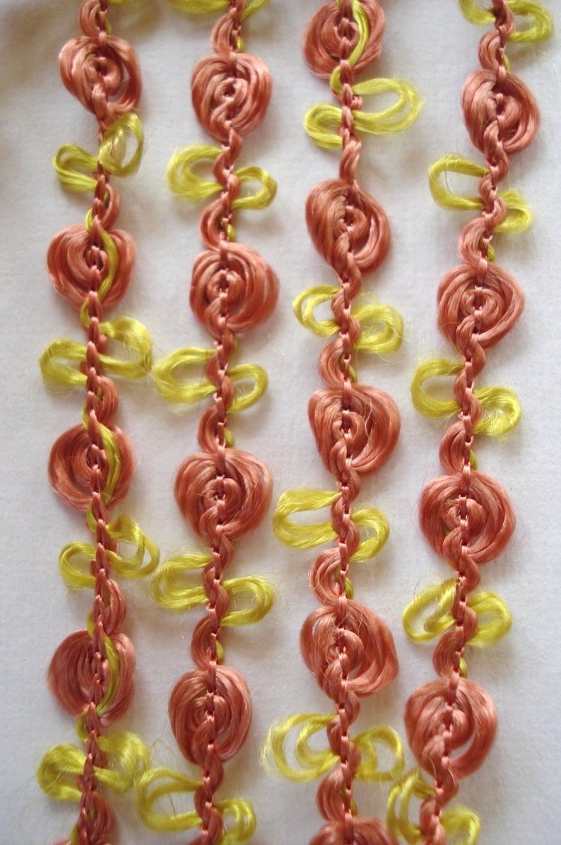1y Vintage French Yellow Coral Pink Rosette Rococo Rayon Floss Picot Ribbon Doll Trim Scrapbook Boudoir Paper Craft Crazy Quilt Hat Dress image 2