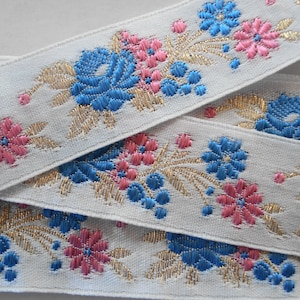 1y Vintage French 1&quot; Shabby Pink Blue Floral Flowers Gold Metallic Jacquard Woven Ribbon Trim Doll Dress Brocade Hat Dress Cottage Trim