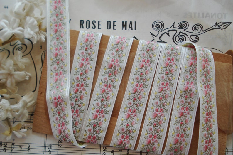 1y VTG 3//4/" FRENCH JACQUARD RIBBON PINK OMBRE ROSE FLOWER TRIM VTG ANTQ BROCADE