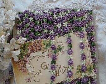 1y 17" Vintage 1/4" Ombre Purple Green Schiffli Venise Petite Flower Applique Lace Embroidered Trim French Bebe Doll Ribbon Novelty Sewing