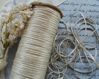 2y Vintage French Tiny 1/8" Ivory Silver Metal Soutache Gimp Braid Twist Metallic Thread Passementerie Cord Trim Ribbon Work Flowers Costume