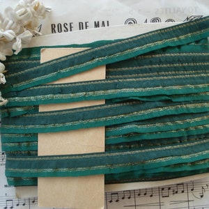 Vintage francês 5/8 "dupla camada babado dois tons verde ouro metálico tafetá rayon roseta flor fita trabalho guarnição boneca vestido chapéu fita