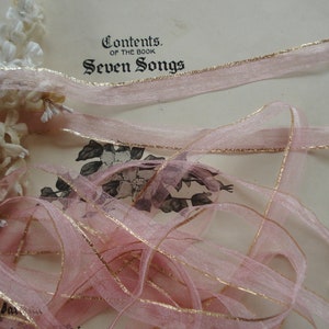 2y Vintage French 1/2&quot; Sheer Organza Rose Pink Gold Metal Edge Metallic Passementerie Ribbon Trim Lace Flapper Dress Antique Hat Rosette