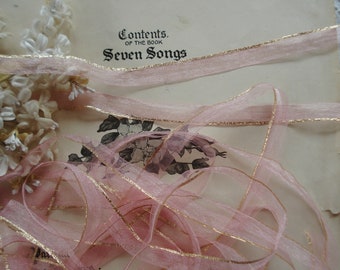 2y Vintage French 1/2" Sheer Organza Rose Pink Gold Metal Edge Metallic Passementerie Ribbon Trim Lace Flapper Dress Antique Hat Rosette