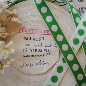 1y Vintage French 5/8&quot; Kelly Green White Cotton Polka Dot Reversible Woven Jacquard Gingham Ribbon Trim Doll Dress Bonnet Dog Collar Quilt