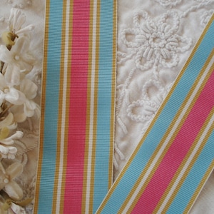 1y Vintage 1 1/2" Sky Blue Pink Gold White Stripe Straight Edge Rayon Grosgrain Petersham Millinery Ribbon Trim Hat French Boho Chic Wedding