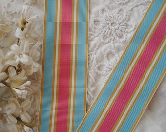 1y Vintage 1 1/2" Sky Blue Pink Gold White Stripe Straight Edge Rayon Grosgrain Petersham Millinery Ribbon Trim Hat French Boho Chic Wedding