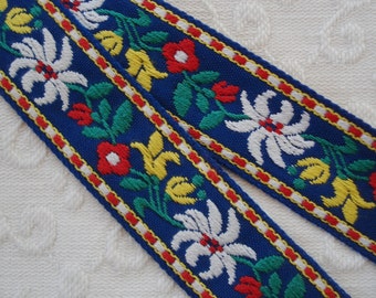 2y 32" Vintage French 1 1/4" Blue Red Yellow Colorful Floral Embroidered Ribbon Trim Dress Tote Purse Boho Pillow Sewing Craft Retro Camper