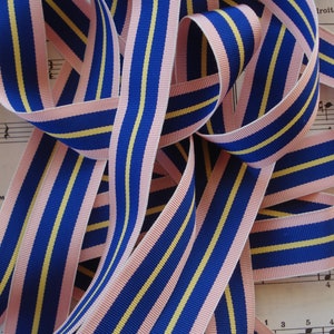 1y Vintage French 7/8" Shabby Pink Royal Blue Yellow Stripe Rayon Grosgrain Straight Edge Millinery Ribbon Trim Hat Doll Fedora Flapper