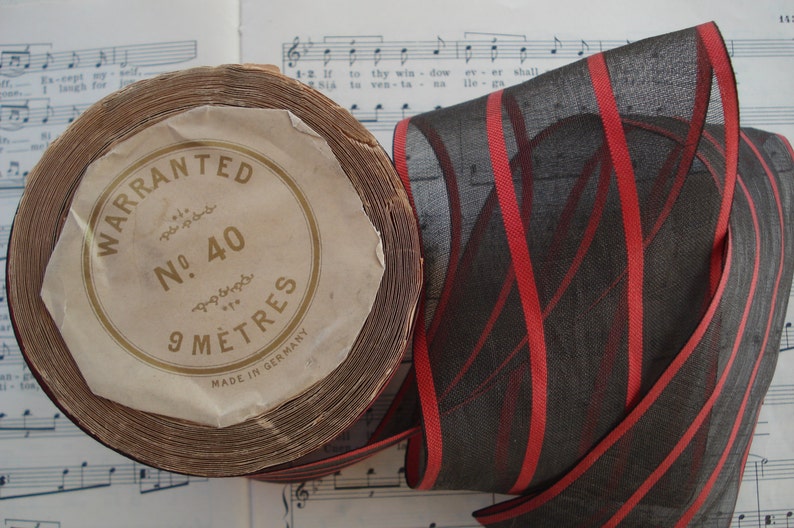 1y Antique German 3 58 Red Black Sheer Organza Stripe Millinery Ribbon Trim Downton Abbey Flapper Hat Bow Dress Edwardian Cloche