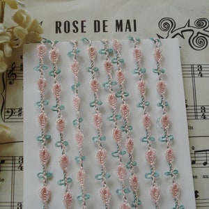 2 jaar vintage Franse shabby roze salie groene zijdeachtige floss madeliefje bloem rozet rococo picot lus lint pop trim flap baby hoed jurk nieuwigheid