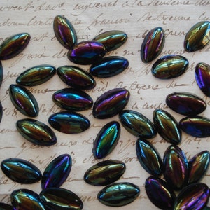 15 Antique French Iridescent Domed "Beetle Wings" Navette Paillettes Sequins Beads Sew Ons Embellishments Findings Jewelry Collage Art