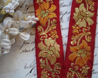 1y Vintage French 1" Whimsical Flower Floral Deep Red Light Rust Chartreuse Gold Metallic Jacquard Floral Art Deco Ribbon Trim Flapper Hat