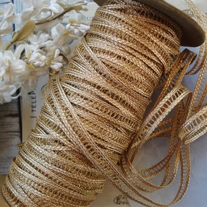 1y Vintage French 3/8&quot; Gold Metallic Insert Lace Braid Jacquard Ribbon Trim Ribbonwork Flapper Dress Hat Cloche Boudoir Wedding Bridal