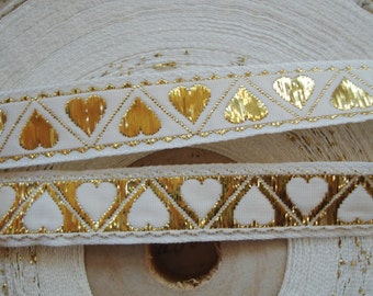 1y Vintage 1/2" Gold Metallic Heart Ivory Reversible Woven Lurex Jacquard Brocade Ribbon Bride Wedding Bridal Shower Novelty Sewing Trim