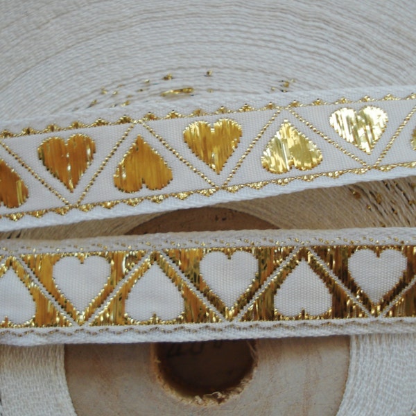 1y Vintage 1/2" Gold Metallic Heart Ivory Reversible Woven Lurex Jacquard Brocade Ribbon Bride Wedding Bridal Shower Novelty Sewing Trim