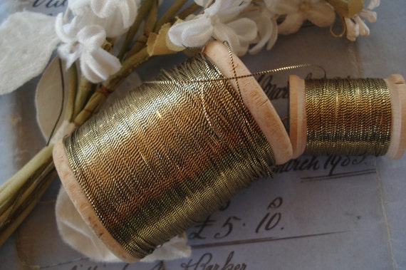 Rare Antique 1920s French Dark Gold Metal Metallic Embroidery Thread Spool 1 ply