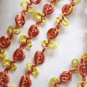 1y Vintage French Yellow Coral Pink Rosette Rococo Rayon Floss Picot Ribbon Doll Trim Scrapbook Boudoir Paper Craft Crazy Quilt Hat Dress image 4