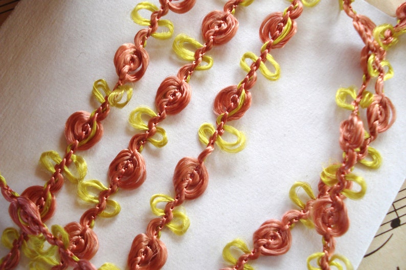1y Vintage French Yellow Coral Pink Rosette Rococo Rayon Floss Picot Ribbon Doll Trim Scrapbook Boudoir Paper Craft Crazy Quilt Hat Dress image 4