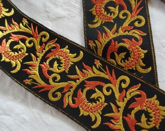 1y Vintage French 2" China Dragon Black Brick Orange Gold Woven Jacquard Brocade Floral Embroidered Ribbon Trim Dress Flapper Edwardian