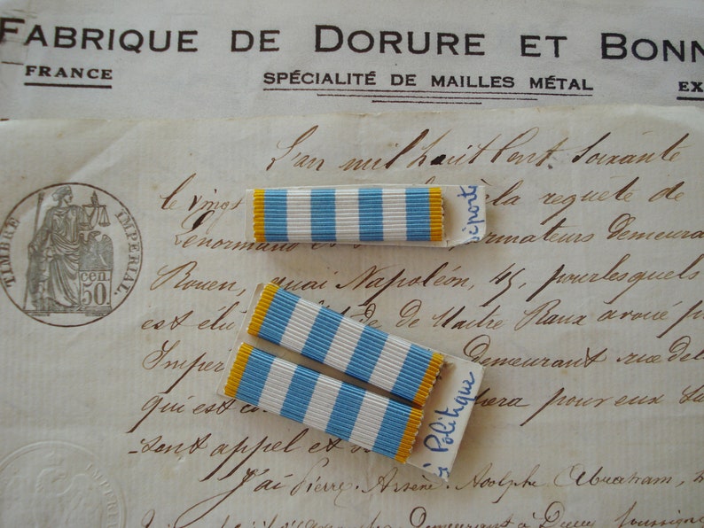 ONE Pce Antique French Gold Blue Wht Silk Ribbon WW1 Post Decoration ...