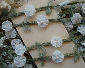 1y 3" Vintage French Style Palest Blue Velvet Rococo Rosette Ribbonwork Garland Flower Ribbon Trim Hat Doll Bonnet Trim Dress Embellishment