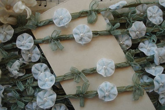 1y FRENCH BLUE OMBRE ROCOCO ROSETTE RIBBON VTG FRENCH DOLL DRESS TRIM ANTQ WORK
