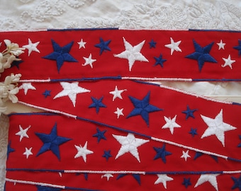 1y 3" Vintage 2 3/8" Blue White Stars Red Woven Embroidered Jacquard  Ribbon Trim 4th of July Hat Patriotic Flag Pillow Sewing Costume Dress