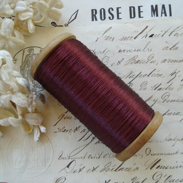 1 Large Antique French Wood Spool Burgandy Wine Silk Rayon Twist Vintage Hand Sewing Embroidery Thread Floss Fly Tying Fishing Rod Lace Trim