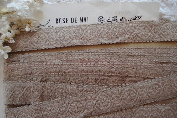 1/2 yard Antique French 1 3/8" Pink Silver Real Metal Thread Metallic Woven Floral Jacquard Brocade Ribbon Trim Flapper Dress Edwardian Hat