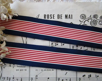 1y Vintage 1 3/8" Red White Blue Stripe Flag Plaid Straight Edge Grosgrain Petersham Millinery Ribbon Trim Cloche Flapper 4th of July Party