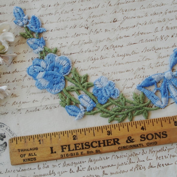 Vintage Schiffli Venise Lace Ombre Blue Embroidered Floral Bow Garland Lace Applique Trim Edging French Doll Dress Millinery Flowers Ribbon