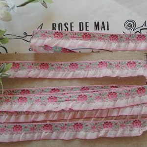 18" Antique French 1/2" Ombre Rose Pink Floral Jacquard White Pink Edge Ruffle Woven Embroidered Ribbon Trim Vintage Doll Dress Shabby Chic