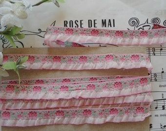 28" Antique French 1/2" Ombre Rose Pink Floral Jacquard White Pink Edge Ruffle Woven Embroidered Ribbon Trim Vintage Doll Dress Shabby Chic