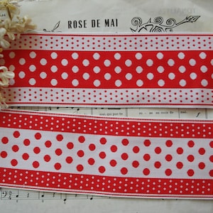 1y Vintage French 3&quot; Red White Reversible Cotton Polka Dot Reversible Woven Jacquard Gingham Ribbon Trim Dress Bow Millinery Hat Costume