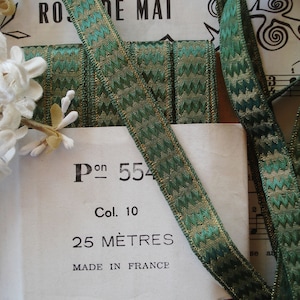 1y 9" Vintage French 1/2" Emerald Green Rayon Woven Deco Zig Zag Jacquard Brocade Gold Metal Thread Shimmer Ribbon Trim Doll Ribbon Work Hat