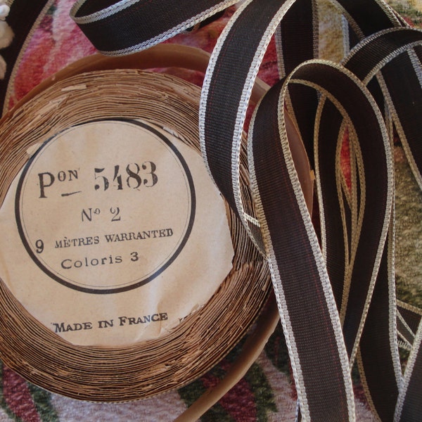 1y 25" Antique Vintage French 1/2" Silk Brown Taupe Stripe Ribbon Work Trim Hat Banding Belting Mens Edwardian Doll Flapper Boudoir Cloche