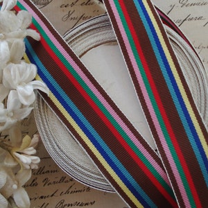 1y Vintage 1940s 7/8&quot; Striped Brown Blue Pink Red Green Rayon Grosgrain Millinery Ribbon Trim Hat Belting Doll Ladies Hat Fedora Flapper