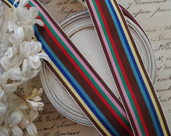 1y Vintage 1940s 7/8" Striped Brown Blue Pink Red Green Rayon Grosgrain Millinery Ribbon Trim Hat Belting Doll Ladies Hat Fedora Flapper