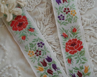 1y Vintage French 7/8" Jacquard Floral Red Purple Yellow Flowers Woven Embroidered Ribbon Sewing Trim Doll Dress Shabby Chic Hat Tote