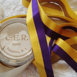 1y 3&quot; Vintage 1&quot; Purple Yellow Silk Cotton Satin Stripe Taffeta Millinery Ribbon Trim Flapper Hat Bow Antique Cloche Cockade Award Sash Doll