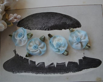 10 Hand Made 5/8" Ombre Blue White Ribbonwork Ribbon Flowers Roses Millinery Appliques Embellishments French Doll Dress Hat Crazy Quilt Trim