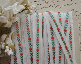 4y Vintage French 7/16" Petite White Orange Green Dot Flowers Floral Seam Binding Rayon Jacquard Brocade Ribbon Trim Doll Dress Sash Hat