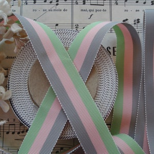1y Vintage 7/8&quot; Stripe Pink Gray Green Rayon Grosgrain Petersham Sawtooth Edge Millinery Ribbon Trim Hat Doll Antique Hat Fedora Flapper