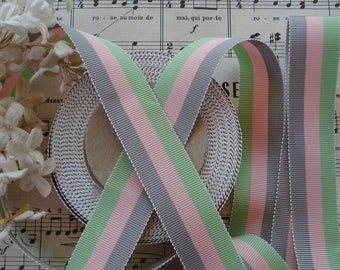 1y Vintage 7/8" Stripe Pink Gray Green Rayon Grosgrain Petersham Sawtooth Edge Millinery Ribbon Trim Hat Doll Antique Hat Fedora Flapper