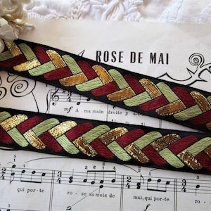 35" vintage Français 1" bordeaux vert or lurex métallisé soie jacquard déco chevrons ruban garniture clapet chapeau cloche floral édouardien Fedora