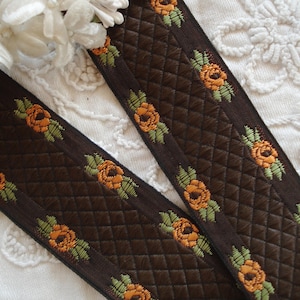 24" Vintage French 1 1/4" Orange Roses Floral Brown Jacquard Woven Ribbon Trim Quilt Diamonds Doll Dress Ladies Hat Sash Cloche Fedora