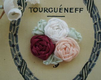 Hand Made Silk Peach Burgandy White Roses Ribbonwork Ribbon Flower Applique Vintage French Doll Dress Hat Bear Crazy Quilt Craft Trim
