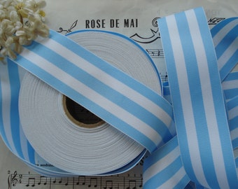 1y Vintage 1 5/8" Duck Blue White Stripe Rayon Grosgrain Petersham Millinery Ribbon Trim Hat Belting French Doll Cloche Fedora Cockade